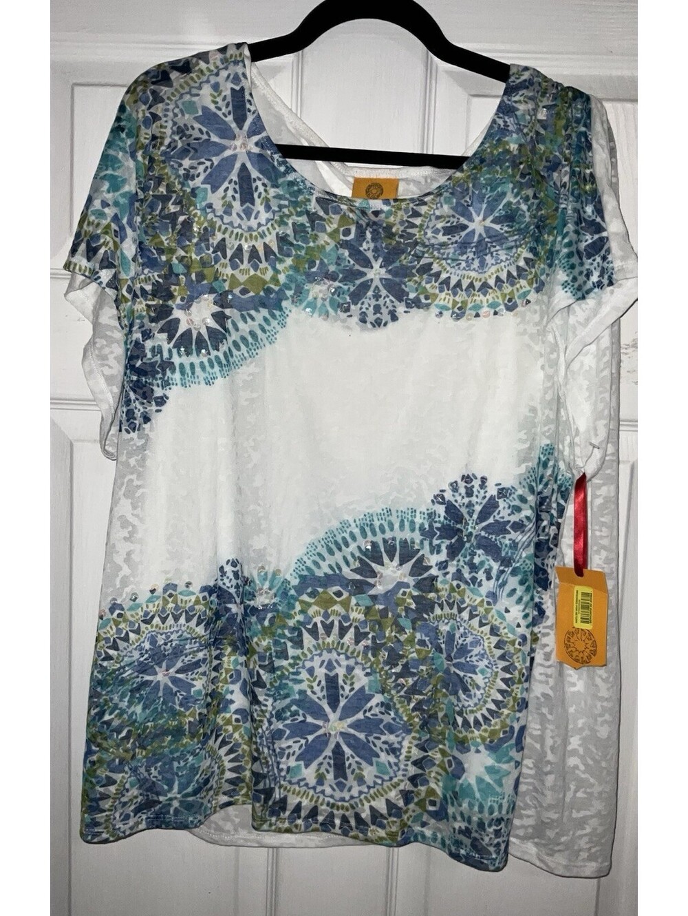 Ruby Rd Women’s Short Sleeve Top Blue Green Mandala Design summer 2X